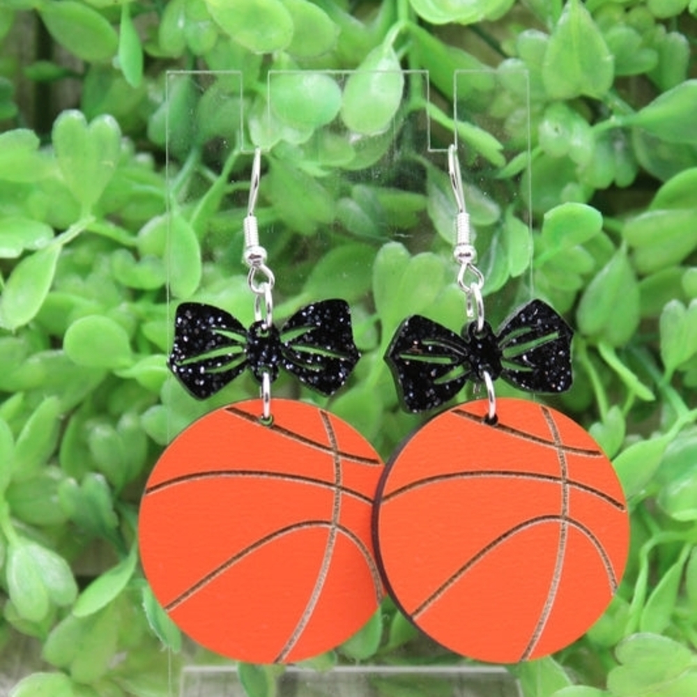 Black Bow and Orange Basketball Earrings